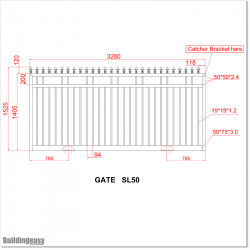 Gate is 3200mm wide and gate height is 1525mm. Overall gate height with wheels and tracks 1.6M