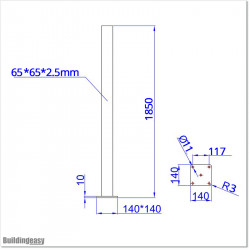 Aluminum Post with Base 65 X 65 and 2.5mm wall thickness